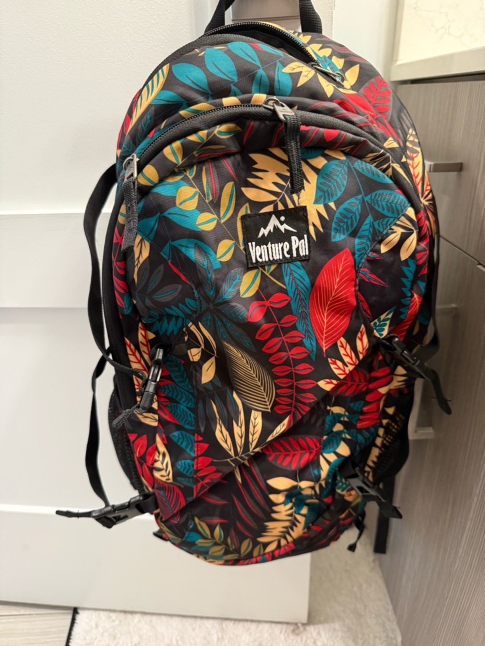 Floral Leaf Print Backpack - Black with Red, Teal & Tan Accents